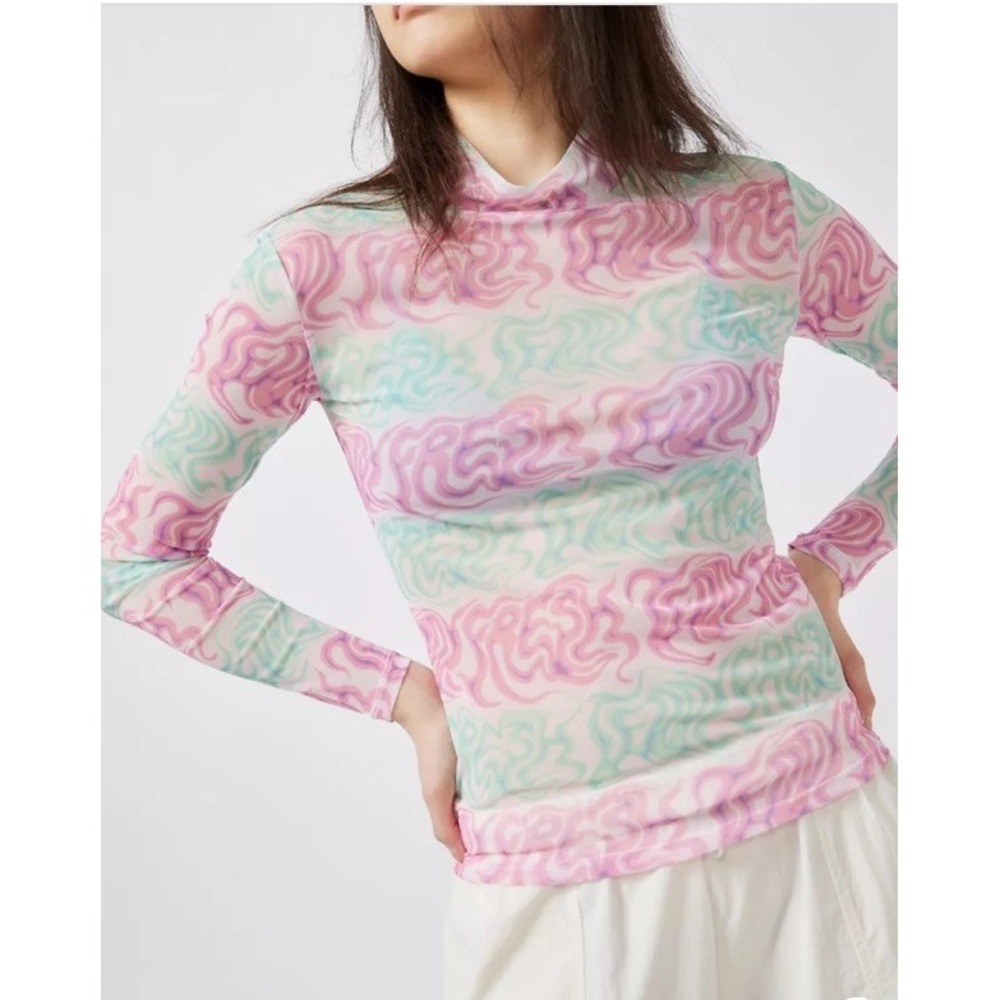 Teddy Fresh Digital Print Mesh Sheer Mock Neck Shirt, Women Size XXL  Pink